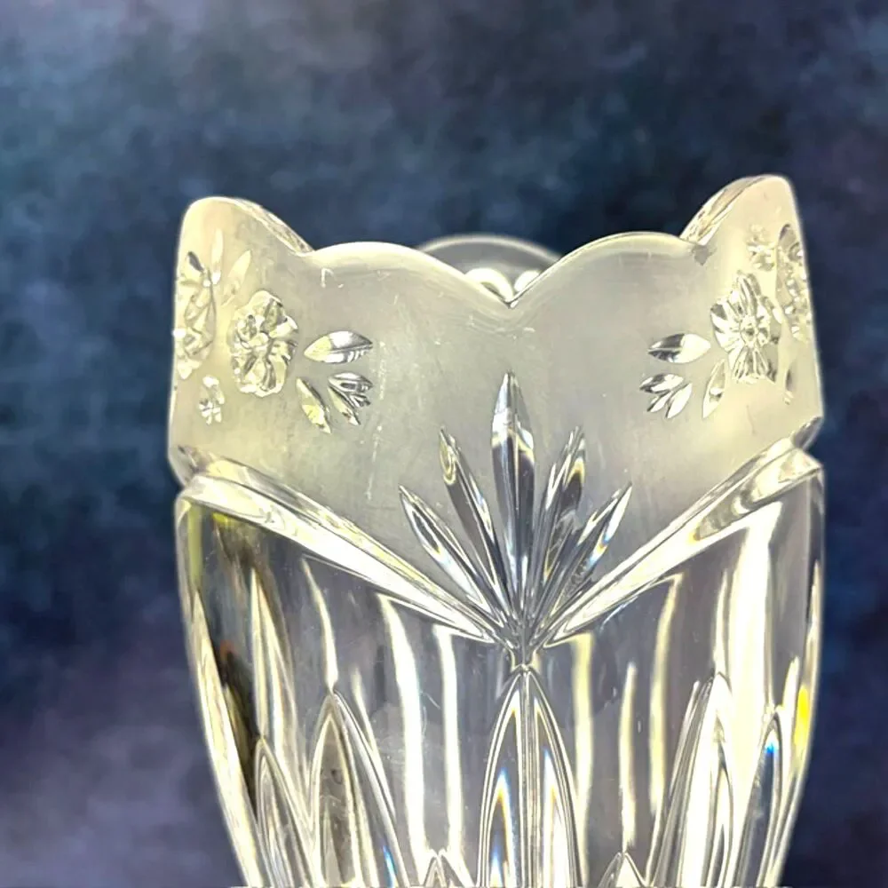 Heavy Clear Glass Vase Frosted Roses Scalloped Rim 10 in 4.3 lb